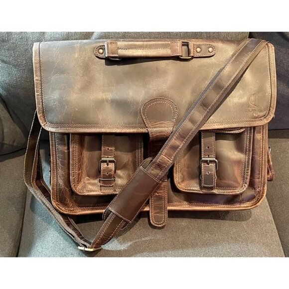 New Leather Briefcase Work Bag for Men Women Dark Brown Crossbody Genuine